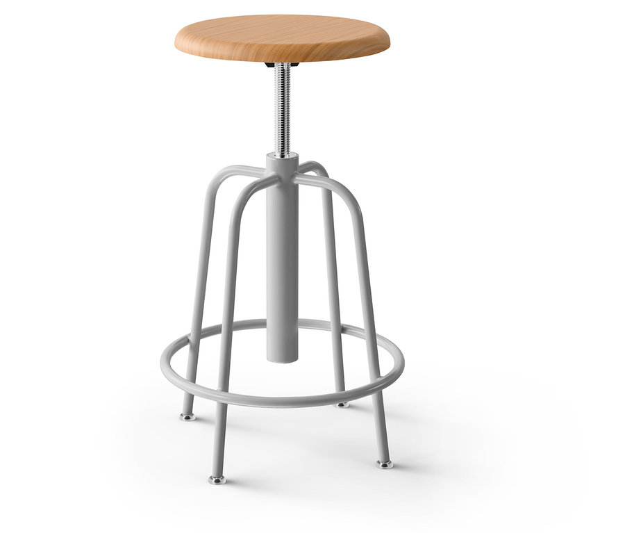 Ein grauer Barhocker mit einem Sitz aus Holz.