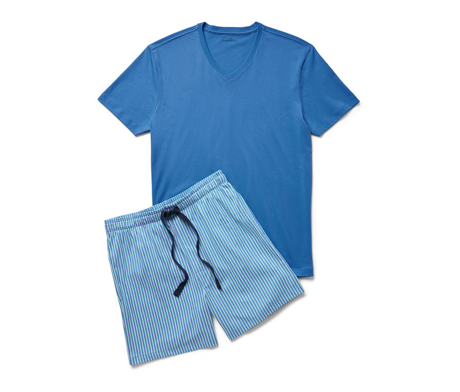 Blaues Shorty-Pyjama-Set mit Kurzarm-Oberteil und gestreiften Shorts.