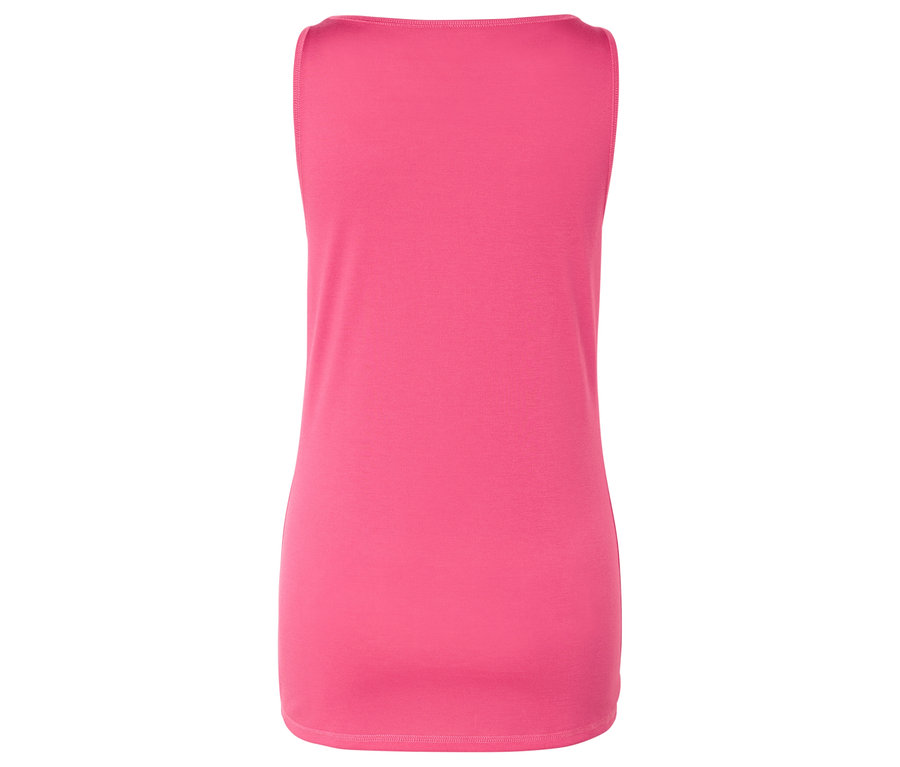 Rückansicht eines pinkfarbenen, ärmellosen Oberteils.