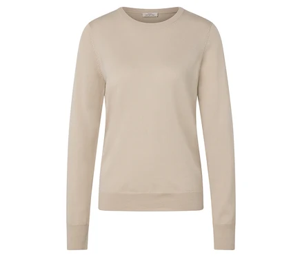 Ein Merino-Feinstrickpullover in Creme wird gezeigt.