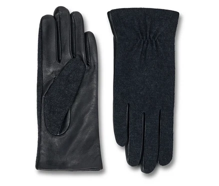 Zwei Handschuhe, einmal schwarze Lederhandschuhe und einmal graue Strickhandschuhe.