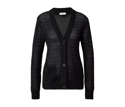 Schwarzer Cardigan in Pointellestrick mit Knöpfen und Taschen.