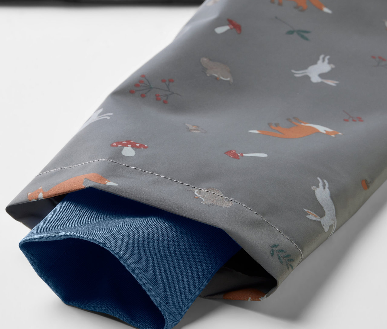 Detailansicht einer Kinder-Thermo-Regenjacke mit Füchsen, Hasen und Pilzen.