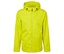 Gelbe Regenjacke mit Kapuze und Reißverschluss.