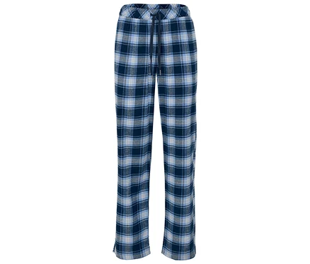 Eine blau karierte Schlafanzughose mit Kordelzug.