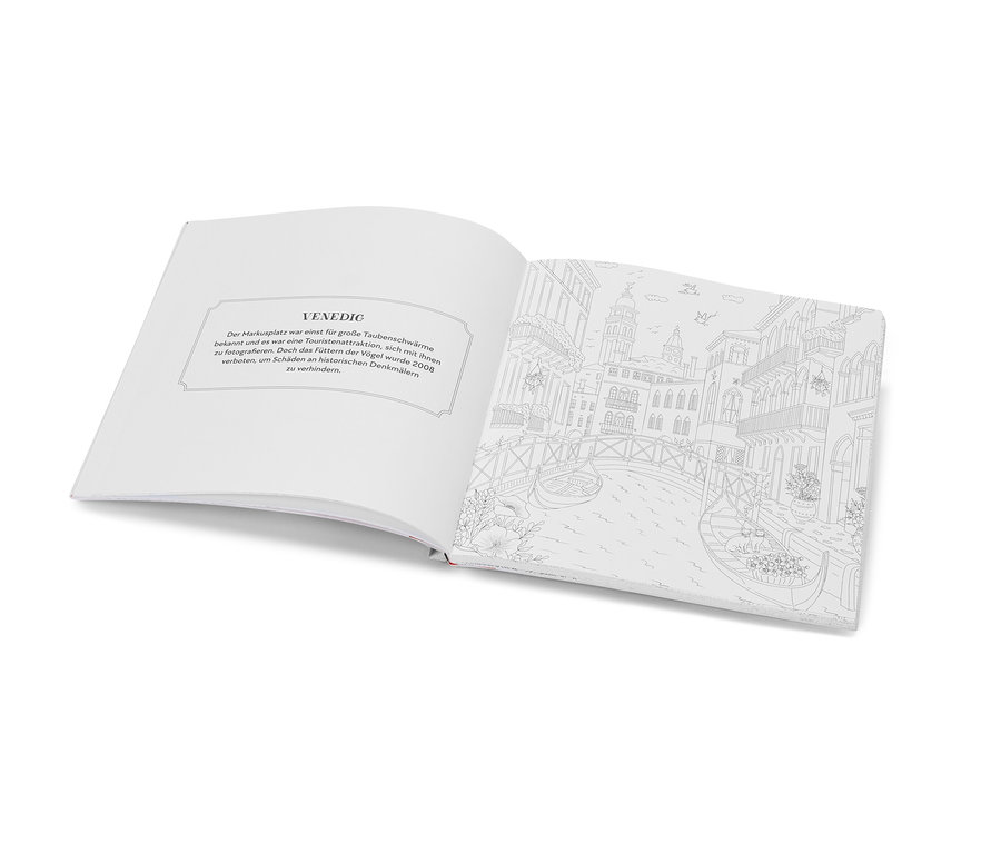 Aufgeschlagenes Buch »Reise durch Europa – Ausmalen und Entspannen« mit einer Venedig-Illustration.