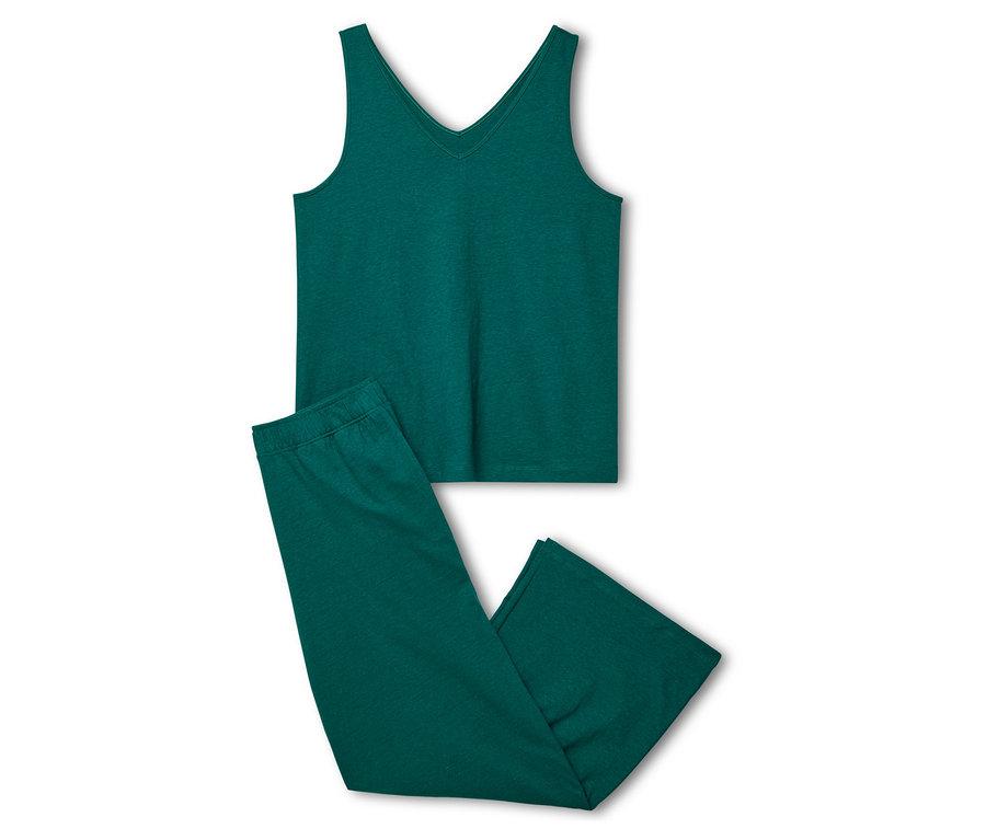 Dunkelgrünes 7/8-Pyjama-Set, bestehend aus einem ärmellosen V-Ausschnitt-Oberteil und einer Hose.