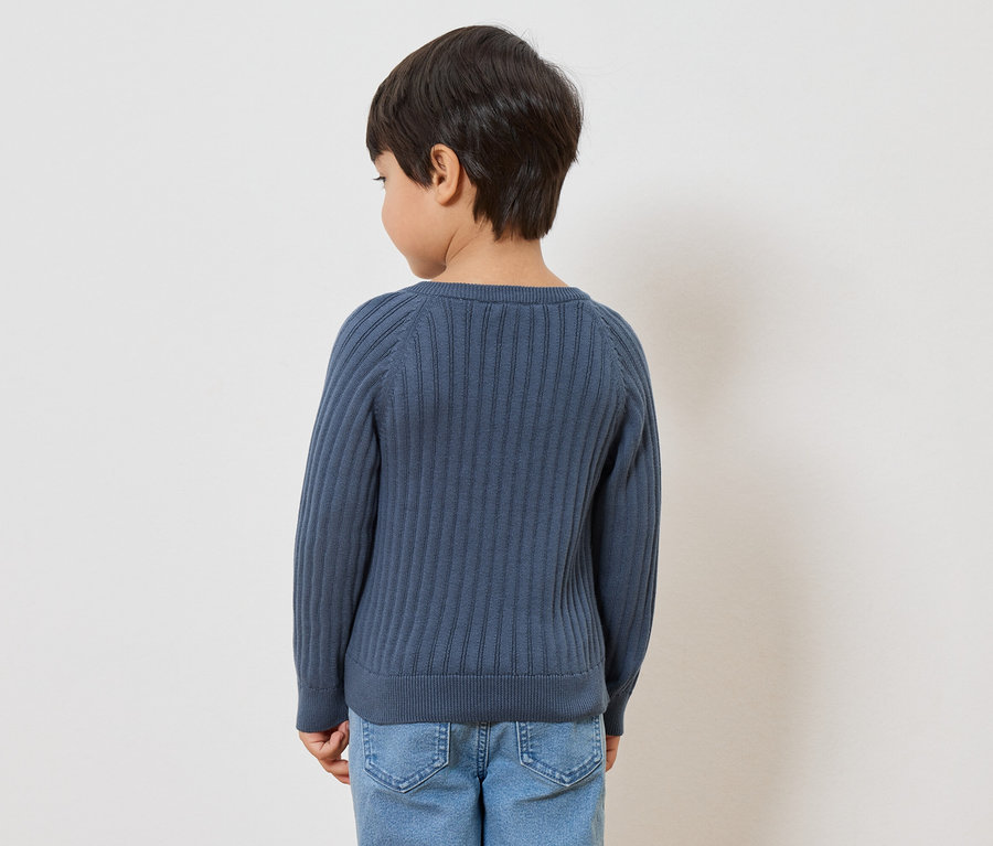 Ein Kind von hinten, es trägt einen blau-grauen Rippenstrickpullover und Jeans.