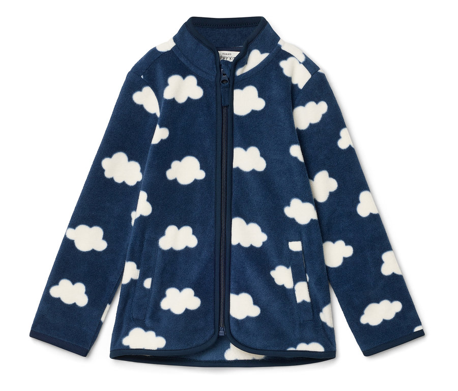 Eine marineblaue Fleecejacke mit durchgehendem Reißverschluss und Wolkenmuster.