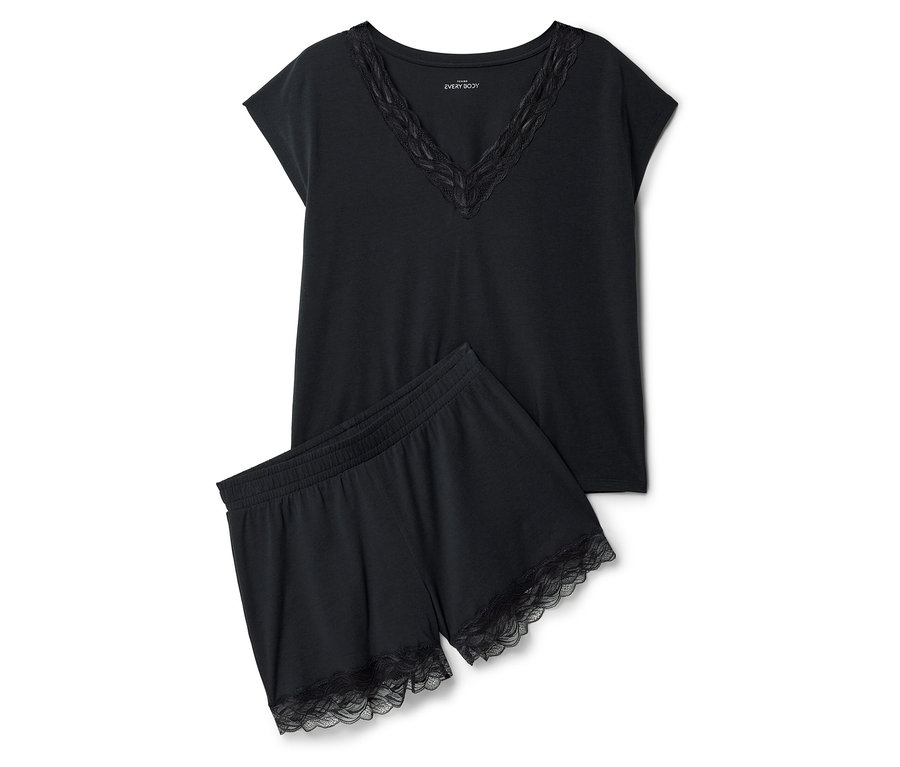Schwarzes Pyjama-Set mit Spitzenbesatz, bestehend aus einem Oberteil und Shorts.