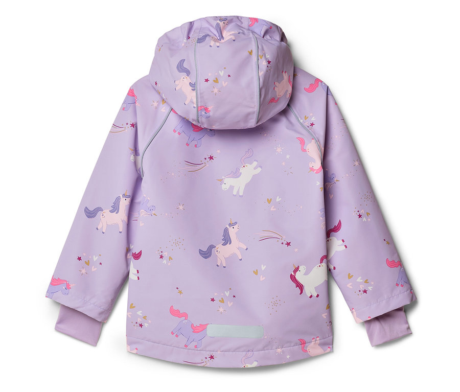 Rückansicht einer lila Kinderjacke mit Kapuze, die mit Einhörnern, Sternen und Herzen bedruckt ist.