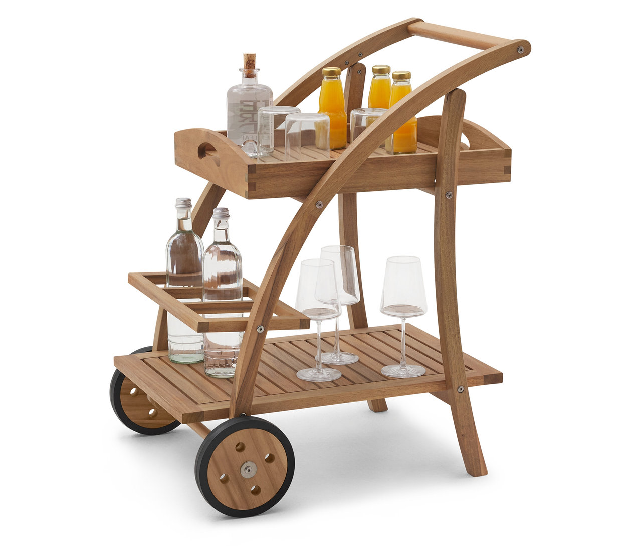 Barwagen mit abnehmbarem Tablett mit Getränken und Gläsern auf zwei Ebenen.