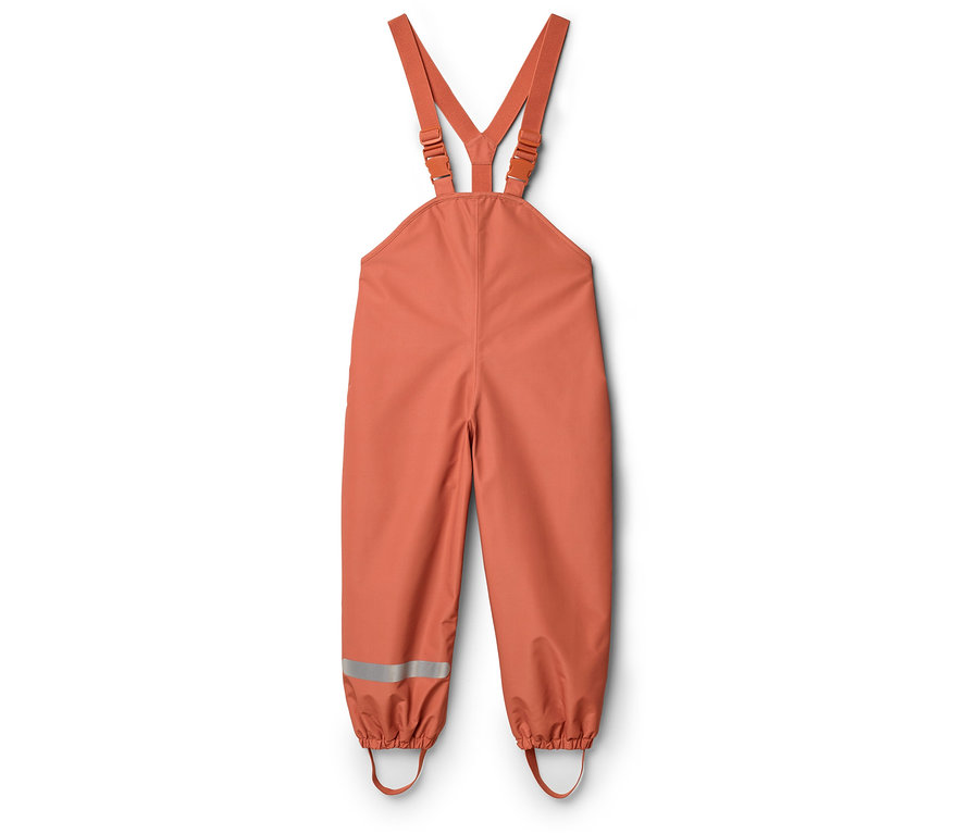 Orangefarbene Matschhose mit verstellbaren Trägern und reflektierenden Streifen an den Beinenden.