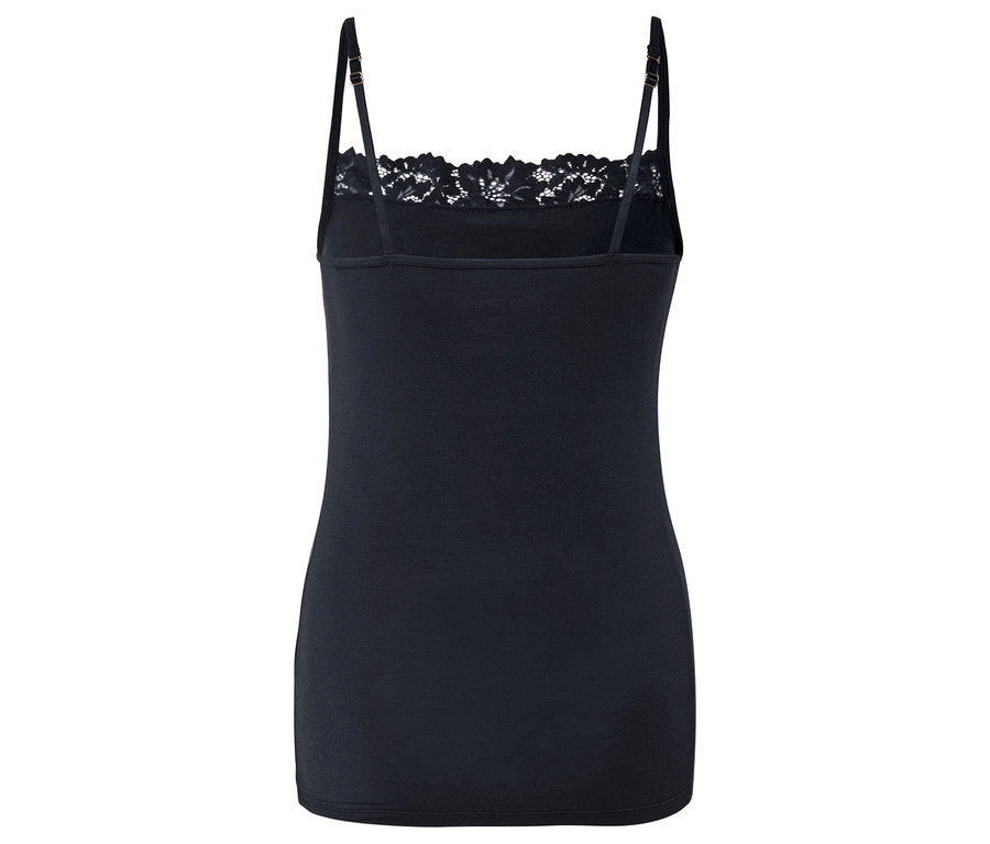 Rückansicht eines schwarzen Tanktops mit Spaghettiträgern und Spitzenbesatz.
