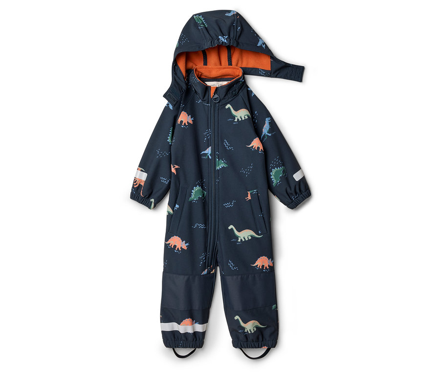 Ganzkörper-Regenanzug in Marineblau mit Dinosaurier-Muster, Kapuze mit orangefarbenem Futter und Reißverschluss vorne.