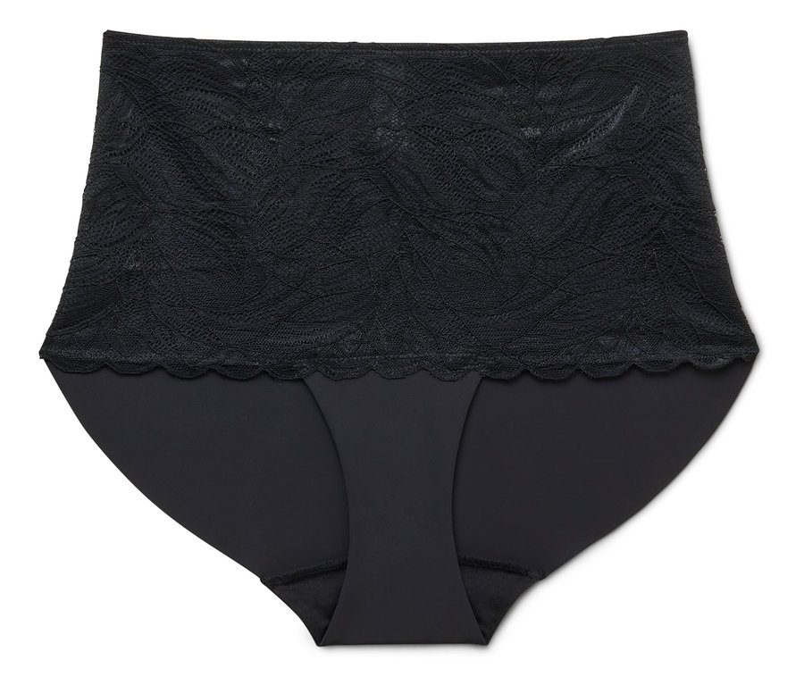 Schwarzer, hochtaillierter Damen-Slip mit Spitze auf weißem Hintergrund.