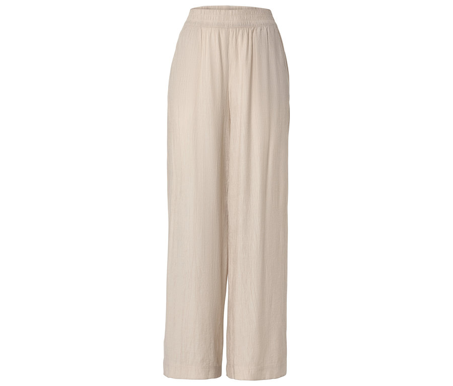 Beige, weite Stoffhose mit elastischem Bund.