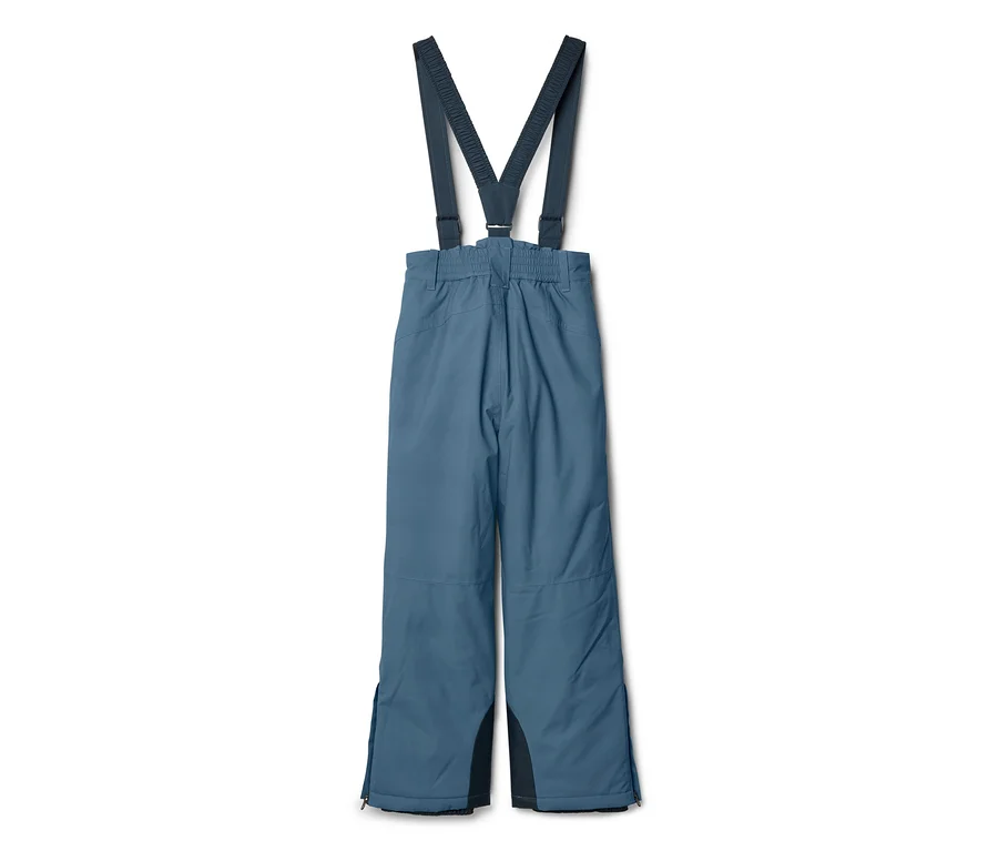 Blaue Schneehose mit schwarzen Hosenträgern, elastischem Bund und Reißverschlüssen an den Knöcheln.