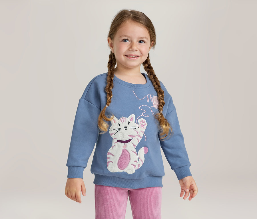 Lächelndes junges Mädchen mit geflochtenen Zöpfen, das ein blaues Sweatshirt mit einer weiß-rosa Katzenapplikation und eine rosa Ripphose trägt.