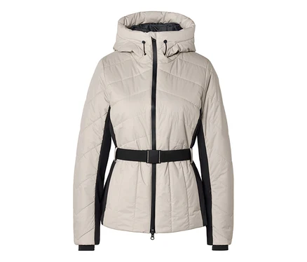 Helle, gesteppte Jacke in Beige mit Kapuze, schwarzem Reißverschluss, schwarzem Gürtel und schwarzen Seitenpartien.