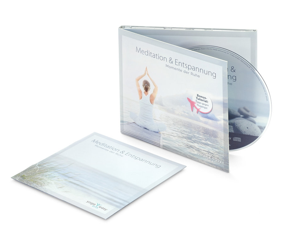 CD »Meditation und Entspannung – Momente der Ruhe« Hülle und Broschüre liegen auf weißem Hintergrund.