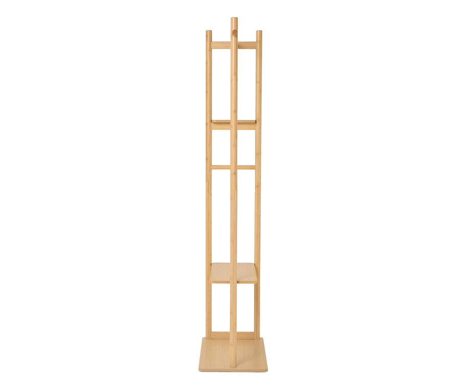 Freistehender Kleiderständer aus hellem Holz mit quadratischer Basis und Ablagefläche.