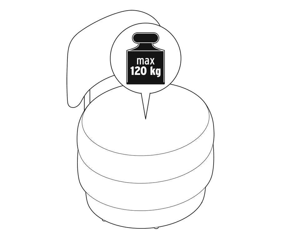 Sessel mit einer Sprechblase, die das maximale Gewicht von 120 kg anzeigt.
