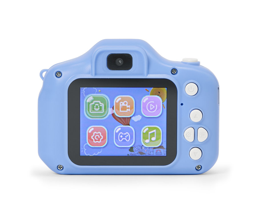 Nahaufnahme einer hellblauen Spielzeugkamera mit einem Bildschirm, der verschiedene App-Symbole anzeigt.