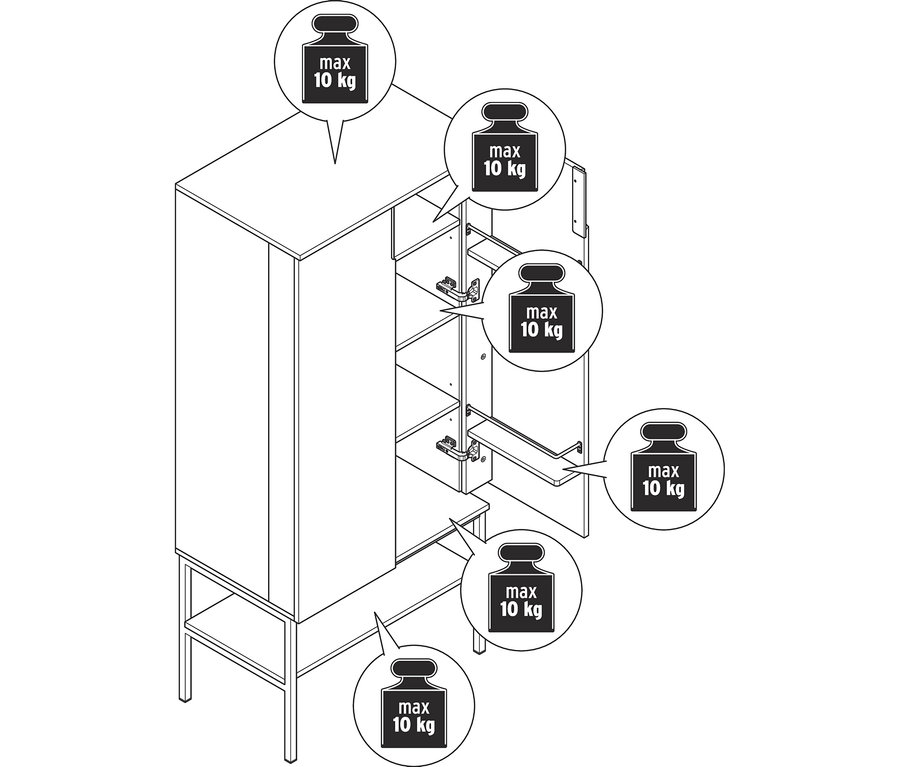 Strichzeichnung eines Buffetschranks mit 2 Türen, der die maximale Belastung von 10 kg für die Oberseite, die drei Innenböden und den unteren Ablagebereich anzeigt.