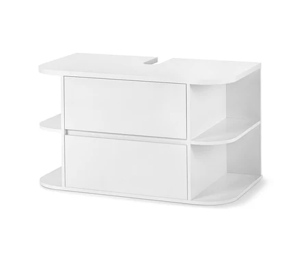 Weißer, runder Waschbeckenunterschrank mit zwei Schubladen.