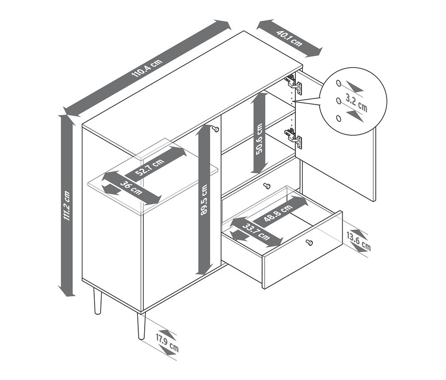 Abmessungen von Highboard »Bekeson«, weiß und anthrazit, mit geöffneter Tür und Schublade.