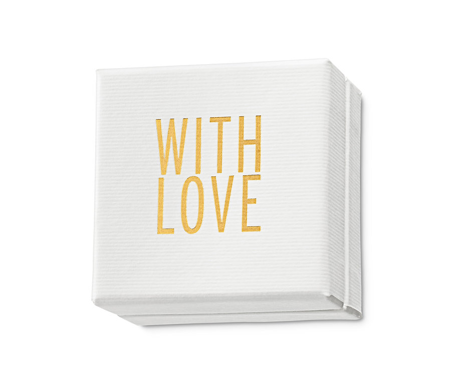 Ein Stapel weißer Servietten mit dem Schriftzug WITH LOVE in goldener Schrift.
