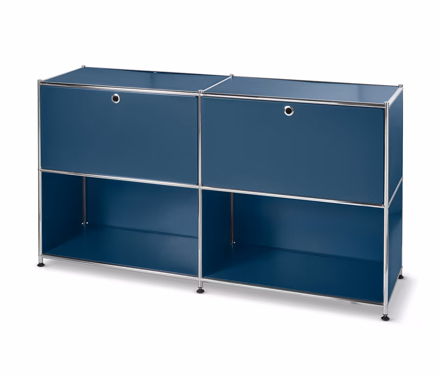 Blaues Sideboard Metall »CN3« mit versetzbaren Klappenfächern.