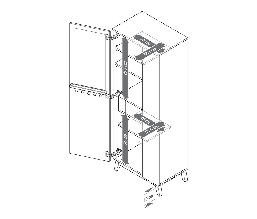 Geöffneter Multifunktionsschrank mit Regalen und Abmessungen.