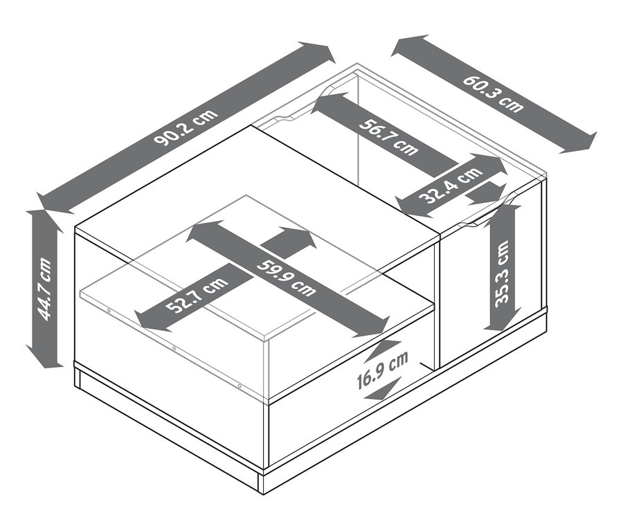 Abmessungen des Couchtischs mit versteckten Rollen.