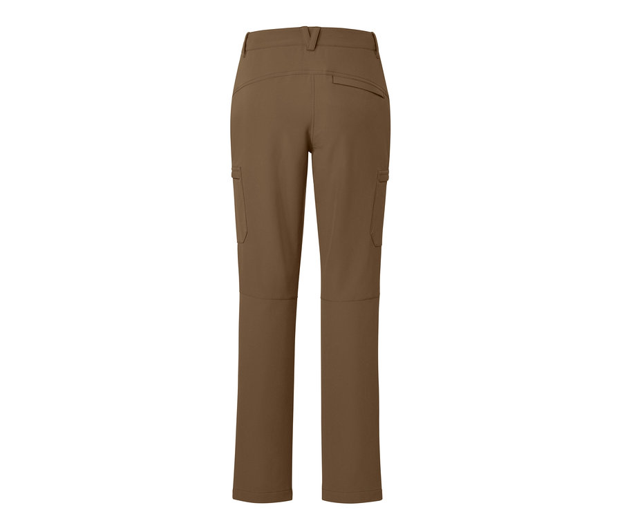 Detailansicht von hinten einer beigen Cargo-Softshellhose.