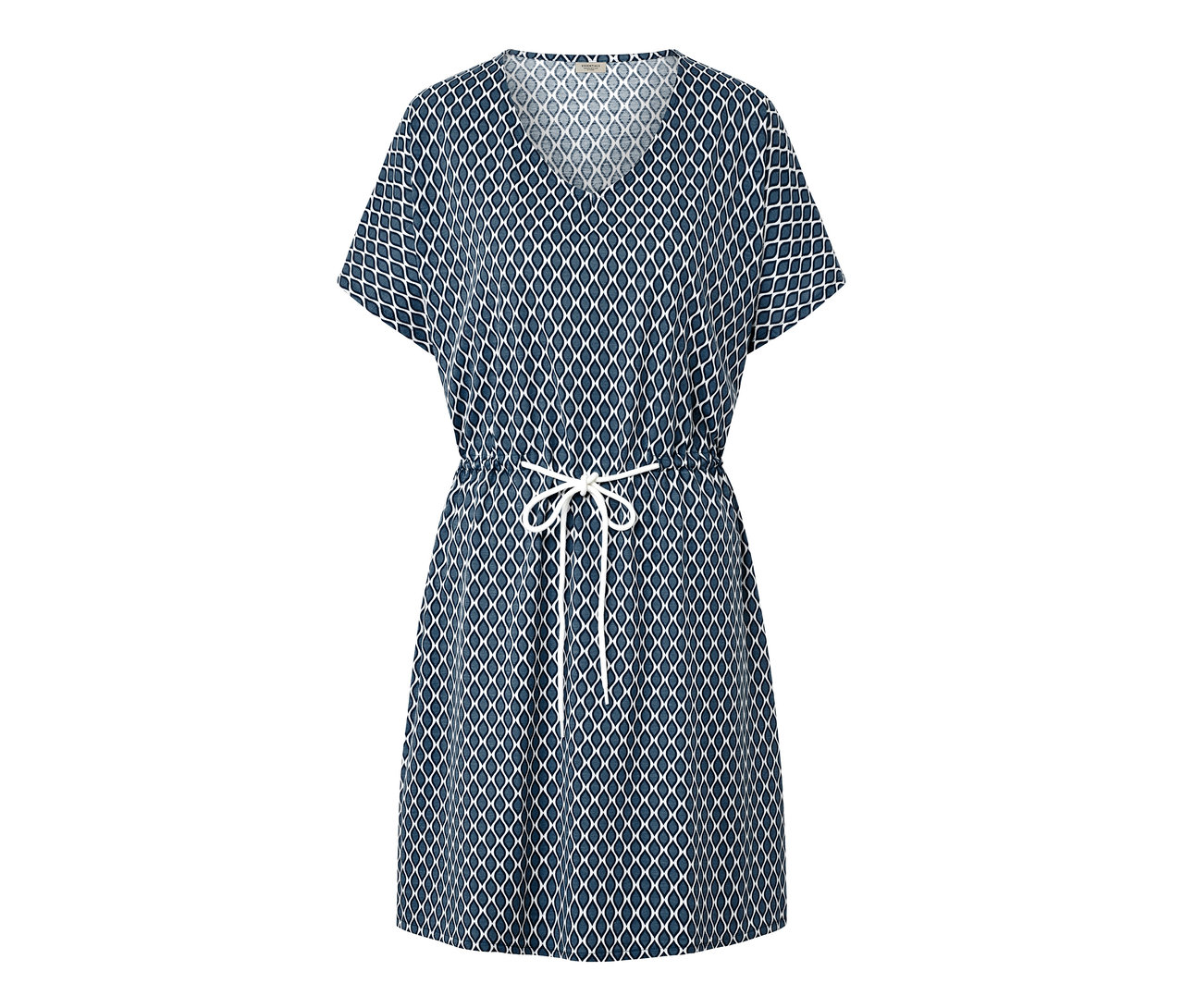 Eine blaue Strandtunika mit weißem geometrischem Muster und Taillenband.