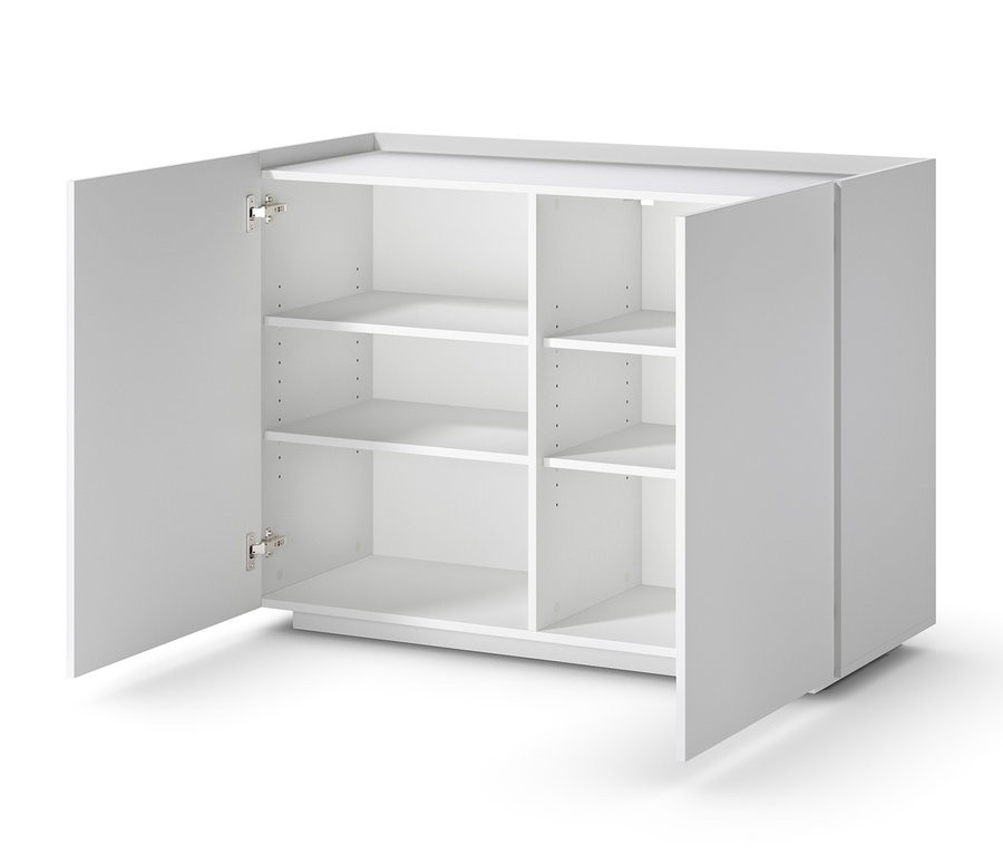 Offener weißer Schrank mit sechs Regalen.