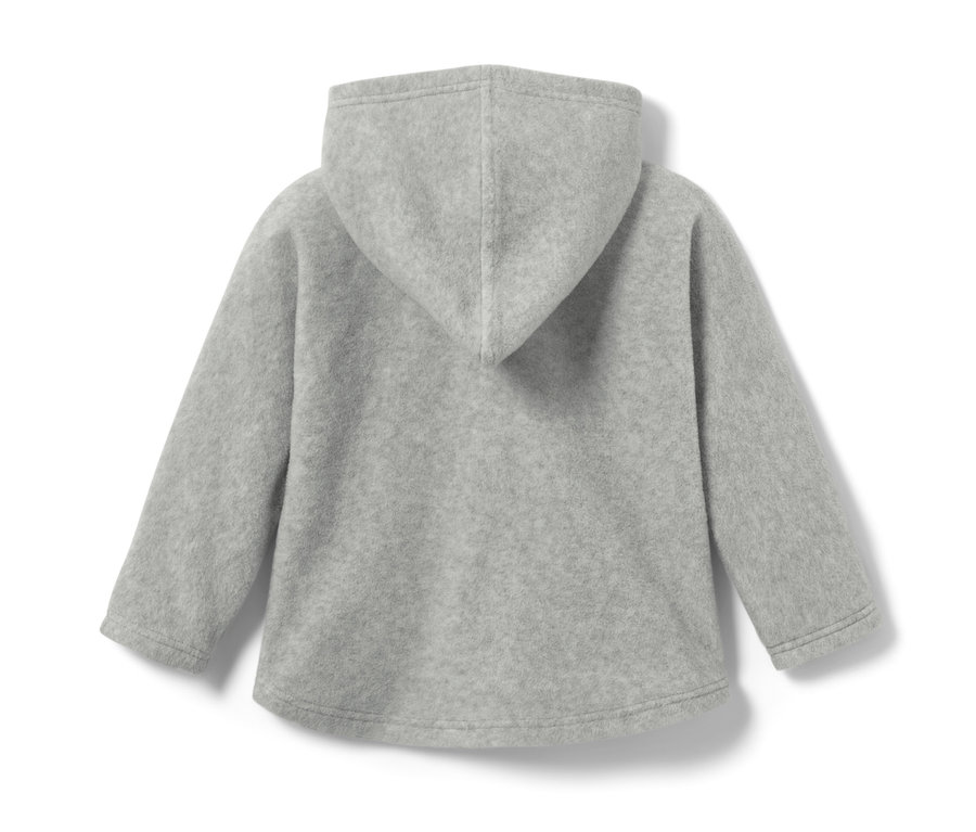 Rückansicht einer grauen Kinder-Fleecejacke mit Kapuze.
