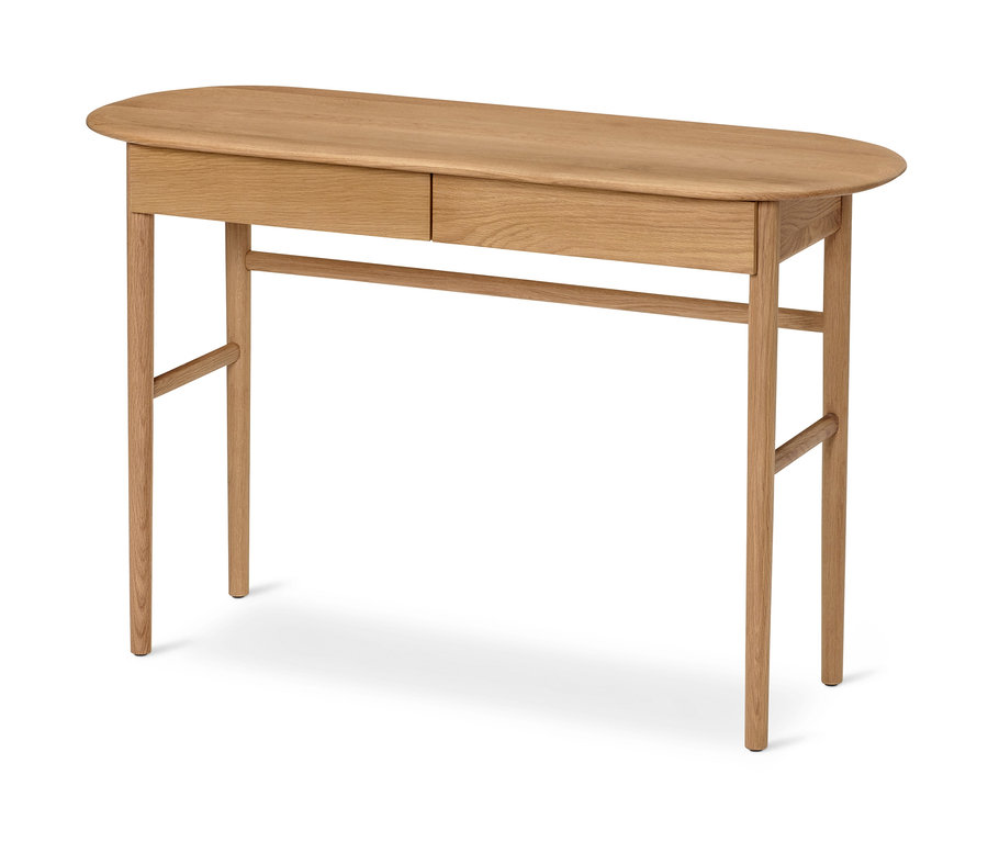 Ein heller Holzsekretär mit Schubladen.