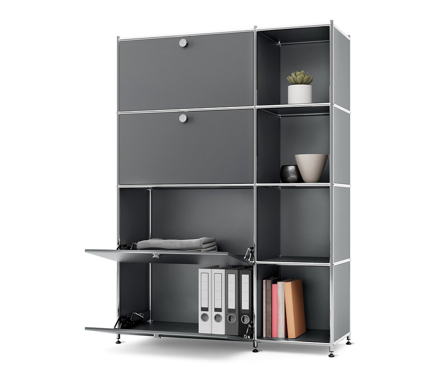 Graues Regal Metall »CN3« mit 4 Klappenfächern, mit Pflanze, Vase, Handtuch und Ordnern.