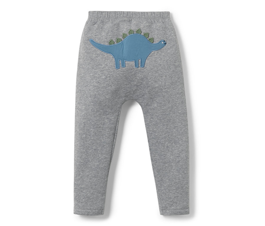 Graue Baby-Sweathose mit blauem Dino-Applikation.
