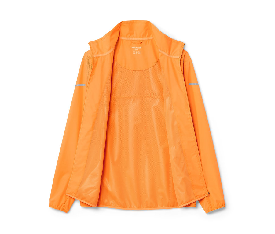 Offene, neonorange Windprotection-Laufjacke.