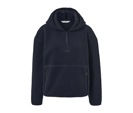 Marineblauer Teddy-Kapuzenpullover mit halbem Reißverschluss.