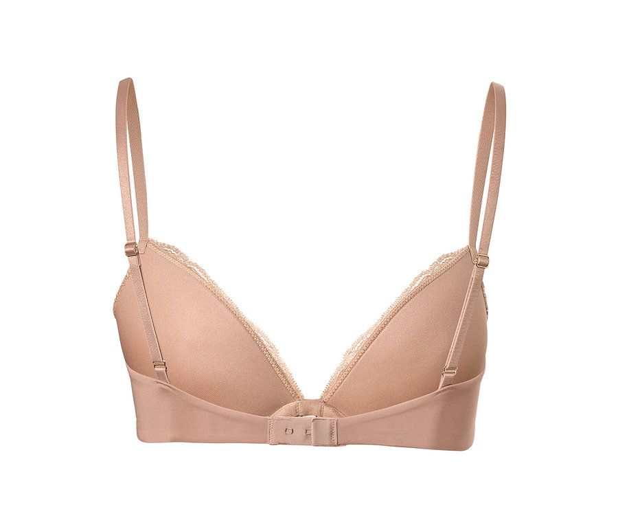 Nahaufnahme eines nudefarbenen Push-up-BHs mit Spitzenbesatz, Rückansicht.