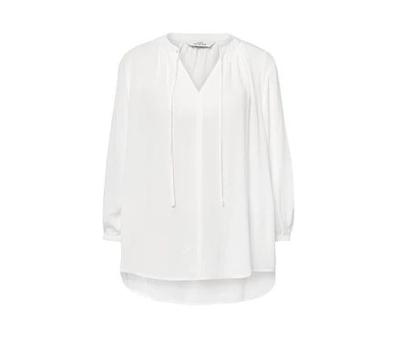 Eine weiße Tunika-Bluse mit langen Ärmeln und V-Ausschnitt.