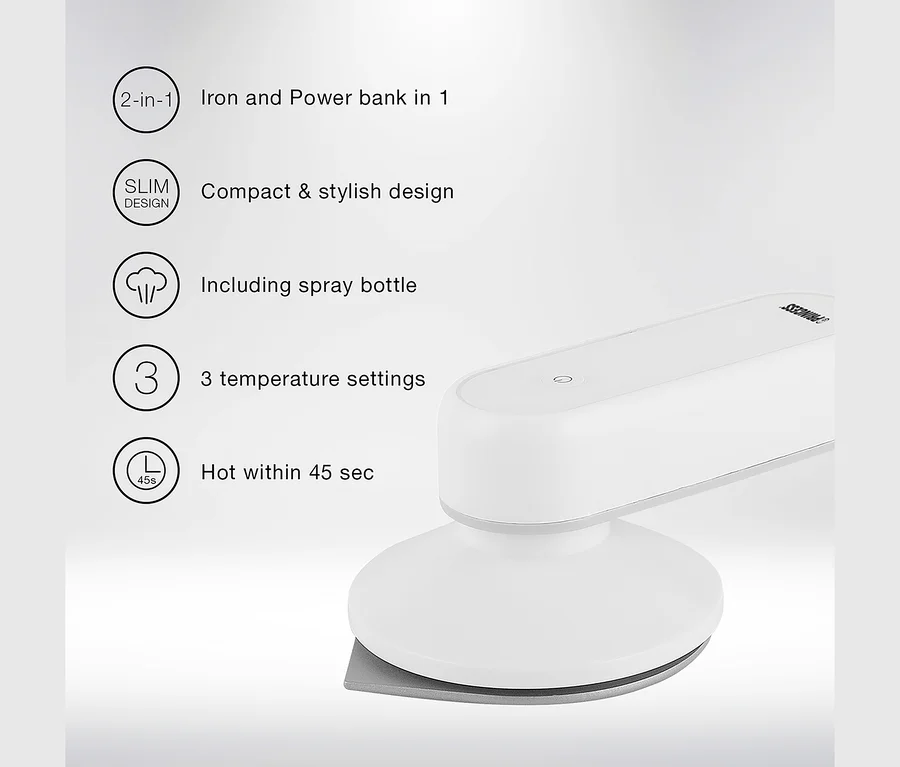 Detailansicht eines weißen Princess-Reisebügeleisens mit Powerbank.