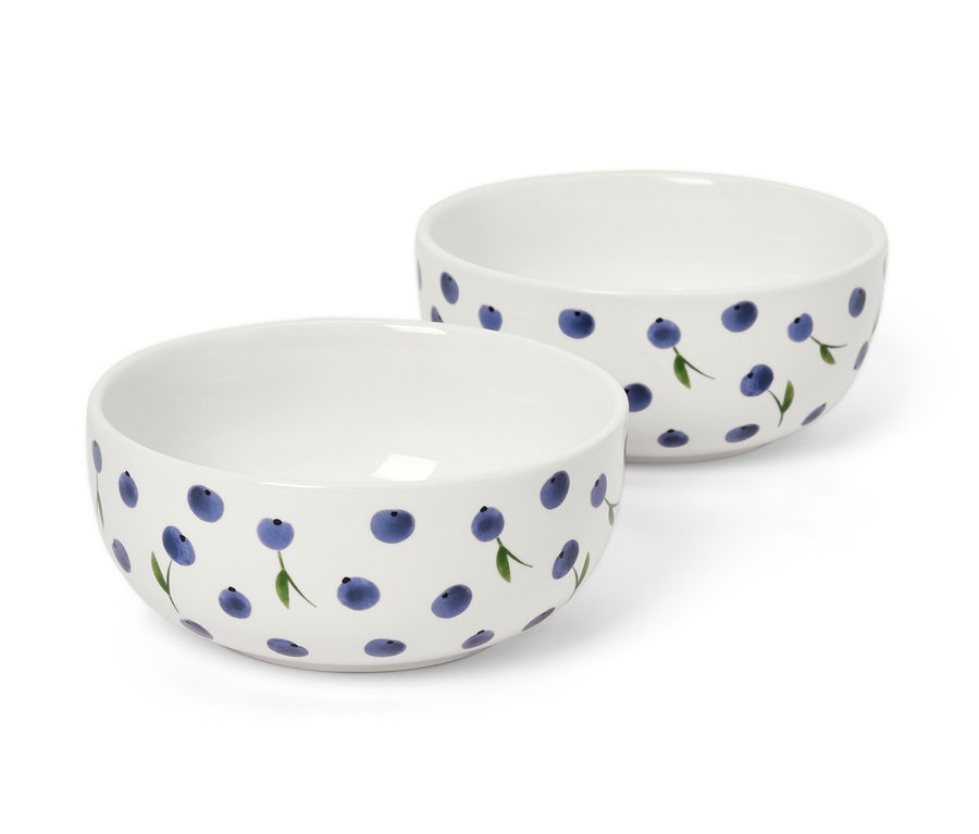 Zwei weiße 2 Schalen mit Blaubeer-Muster.