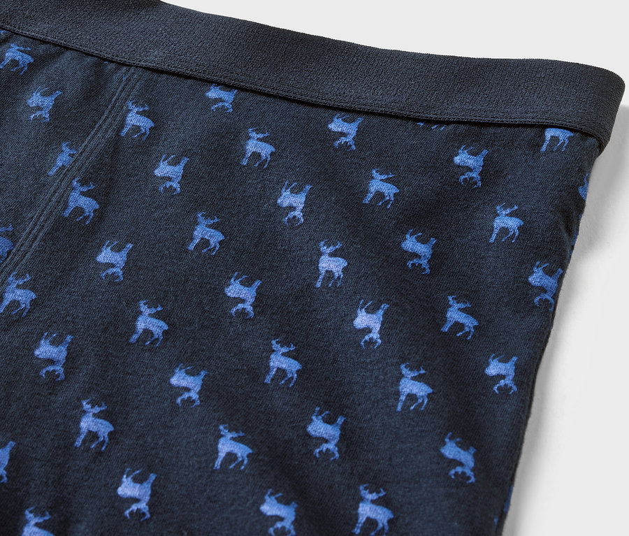 Detailansicht einer blauen Herren-Boxershorts mit blauem Elchmuster und dunkelblauem Bund.