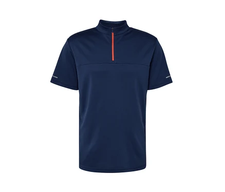 Blaues Fahrrad-Trikot mit kurzen Ärmeln und orangefarbenem Reißverschluss.